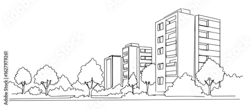 city skyline with trees outline vector illustration