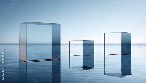Clear glass cubes on water surface.