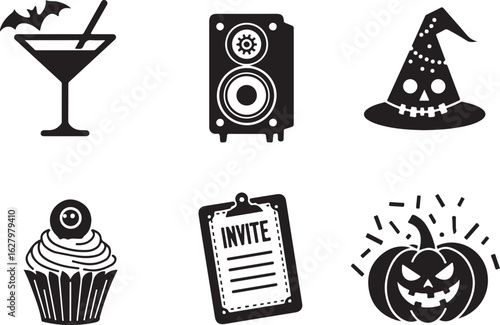 Spooky Halloween party icons with bats, pumpkin, and witch hat