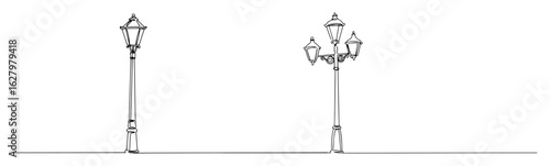 continuous one line drawing set of vintage street lampposts classic urban park lighting fixture vector outline illustration