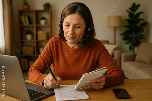 Concentrated Remote Work: A focused individual engrossed in their work, diligently taking notes, operating a laptop and headset, in a cozy home office setting.