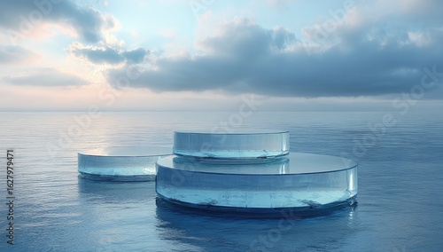 Clear, circular platforms on a tranquil sea at dawn.