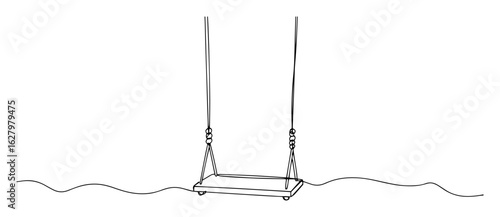 continuous one line drawing of a simple wooden swing hanging over water a symbol of childhood and freedom vector monoline sketch