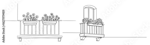 continuous one line drawing set of a balcony with flower pots a romantic architectural detail for home gardening vector lineart illustration