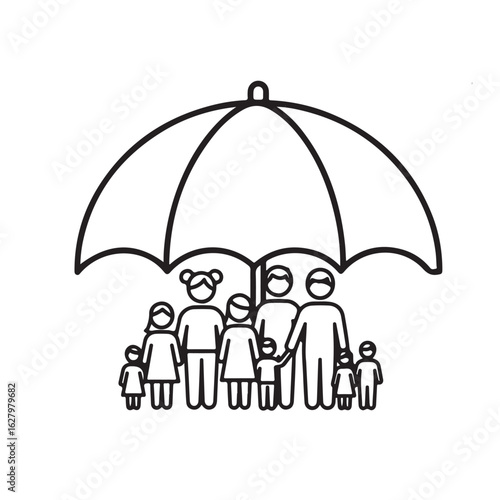 Line art icon of a large family sheltered by a protective umbrella, representing security, care, and life insurance coverage.