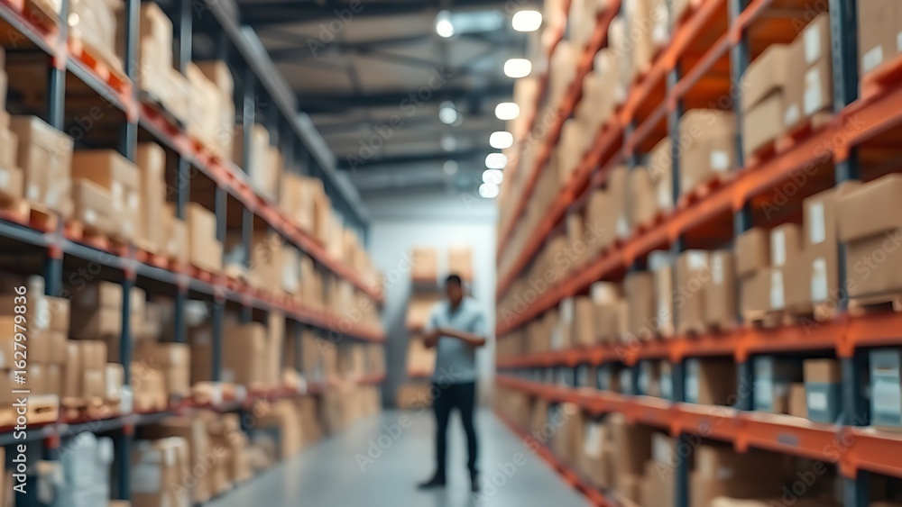 Obraz premium A modern warehouse interior with organized shelves and a worker silhouette in soft ambient lighting.