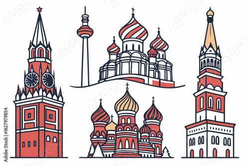 Famous russian landmarks isolated on white background
