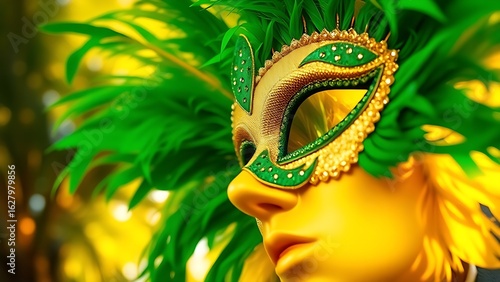 A vibrant carnival mask with golden-green feathers and sequins, set against tropical foliage.