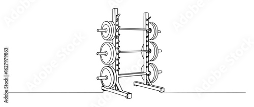 continuous one line drawing of a gym weight rack with barbells and plates a heavy strength training equipment vector lineart illustration