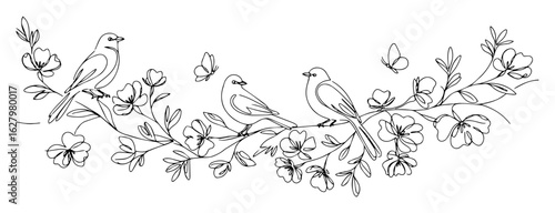continuous one line drawing of birds sitting on a flowering branch with butterflies a beautiful spring nature scene vector lineart illustration