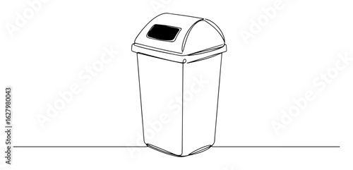 one continuous line drawing of a tall plastic trash can with a lid for waste management and recycling concept vector contour lineart