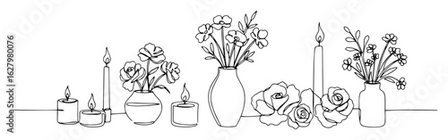 one single line drawing of a romantic still life with flowers in vases and burning candles vector contour illustration set