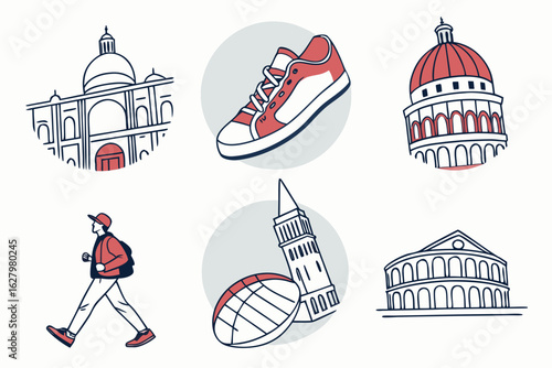 Italian landmarks, sneaker, and person walking isolated on white