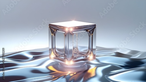 Liquid Light Cube on Reflective Fluid Surface
