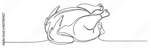 continuous one line drawing of a whole roasted chicken or turkey a delicious holiday meal vector lineart illustration