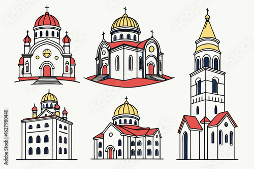 Collection of orthodox churches isolated on white background