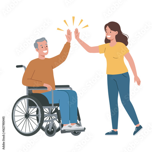 Happy senior man in a wheelchair giving a high five to a young female caregiver, symbolizing support and success