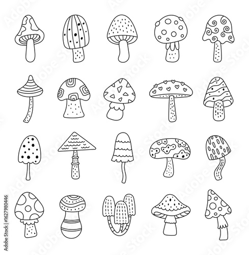 Mushroom set in in outline line art different shapes, for forest themed seasonal illustrations with natural fungi inspired by wild nature and woodland environment for your creative designs projects