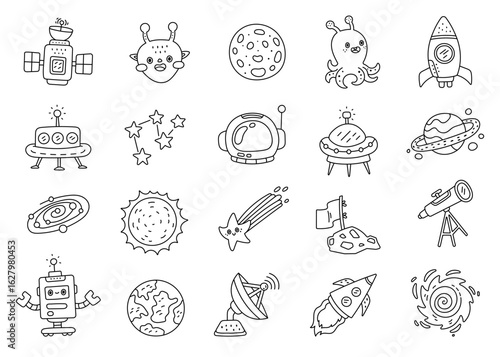 Outer space character and object set in outline line art with featuring alien creatures, rockets, planets, satellites, stars, and astronaut equipment for your designs projects