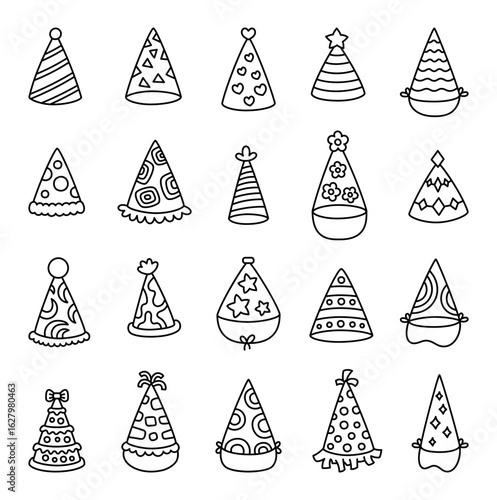 Party hat ornament set created for birthday celebration featuring and various festive shapes perfect for holiday decoration and special event themes, for your illustration and designs projects