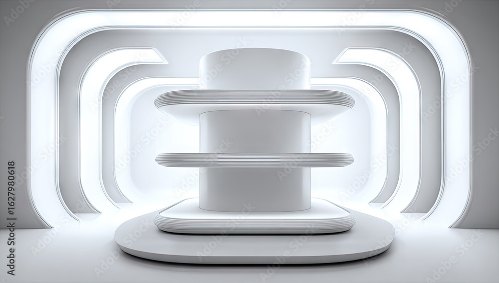 Obraz premium White display stand with multiple shelves in a futuristic interior.