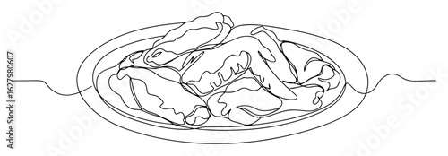 one single line drawing of a plate of spicy buffalo chicken wings for a delicious fast food restaurant menu vector contour lineart