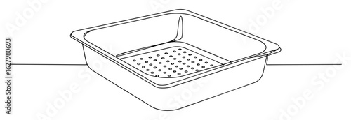 one continuous line drawing of a square kitchen colander or strainer tray for washing vegetables and pasta vector monoline lineart