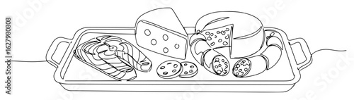 continuous one line drawing of a charcuterie board with cheese sausage and salmon a gourmet food platter vector monoline sketch