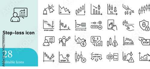 A comprehensive set of modern and editable financial stock market icons illustrating stop-loss concepts and strategies for trading analysis and education.