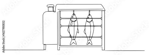 Smokehouse with fish one continuous line drawing. Food smoker for cooking and preserving seafood. Minimalist vector illustration for culinary or fishing theme
