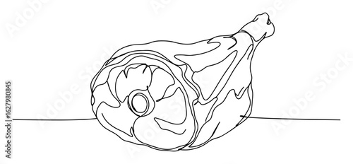 Pork leg one continuous line drawing. Raw ham meat illustration for butcher shop or restaurant menu. Minimalist vector art