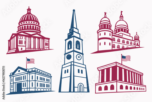 Collection of iconic american government buildings isolated on white
