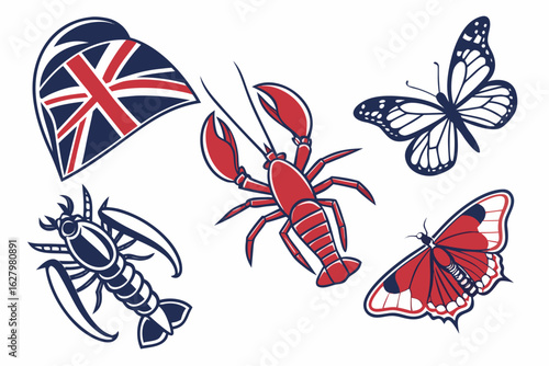 Lobster and butterflies with union jack flag heart