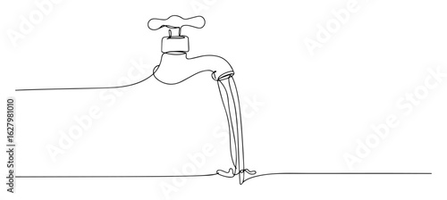 single one line drawing of a vintage water tap with flowing water for a plumbing and conservation concept vector linear design