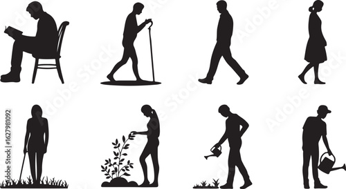 Diverse Silhouettes of People in Various Activities A Collection of Figures Engaged in Reading Walking Gardening and Relaxing Outdoors