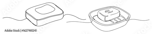 one continuous line drawing of a bar of soap and a soap dish for a bathroom hygiene and cleaning concept vector lineart set