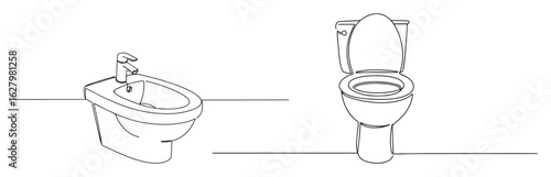 one continuous line drawing of a bathroom set with a toilet and bidet for a sanitary ware and restroom concept vector lineart illustration