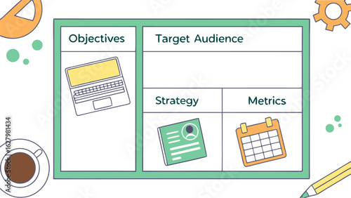Illustration of a business strategy canvas with objectives target audience strategy and metrics sections