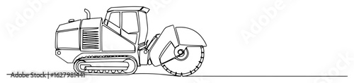 one single line drawing of a heavy duty rock saw trencher machine for road construction and excavation work vector linear design