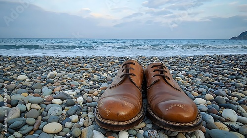 Brown leather shoes on a pebble beach, ocean view