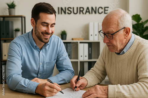 Securing Peace of Mind: A younger professional and an elder client collaborate at a table to finalize paperwork, symbolizing trust and security.