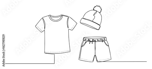 continuous one line drawing of a children's summer clothes set with t-shirt shorts and beanie hat vector monoline lineart design