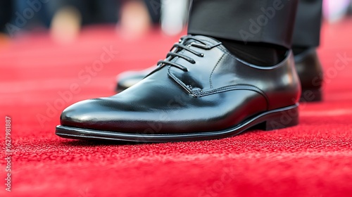 Close-up of black leather dress shoes on a red carpet