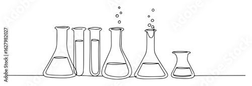 scientific laboratory scene with chemistry flasks and test tubes a continuous line art experiment illustration
