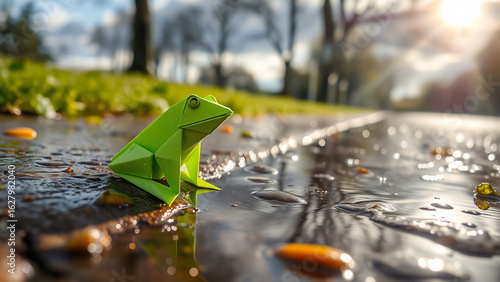 Tableau sur toile Vibrant green origami frog perched thoughtfully in a sun-drenched shallow puddle
