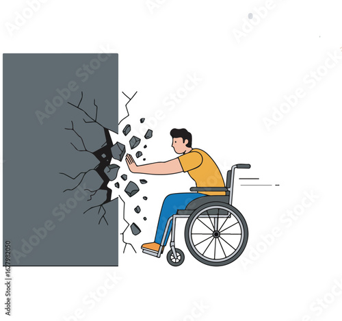 Determined individual in a wheelchair breaking through a wall, a powerful metaphor for overcoming adversity and smashing barriers.