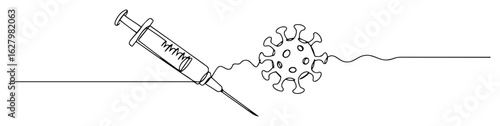 vaccination concept with a syringe fighting a coronavirus cell a medical cure and immunization vector line art
