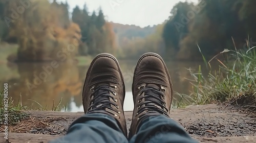 Close-up of brown boots resting by a lake, autumn forest background