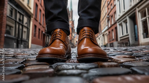 Close-up of brown leather boots on cobblestone street