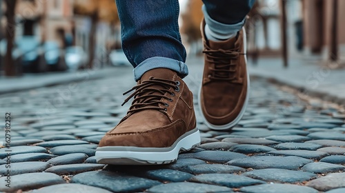 Close-up of brown leather shoes walking on cobblestone street